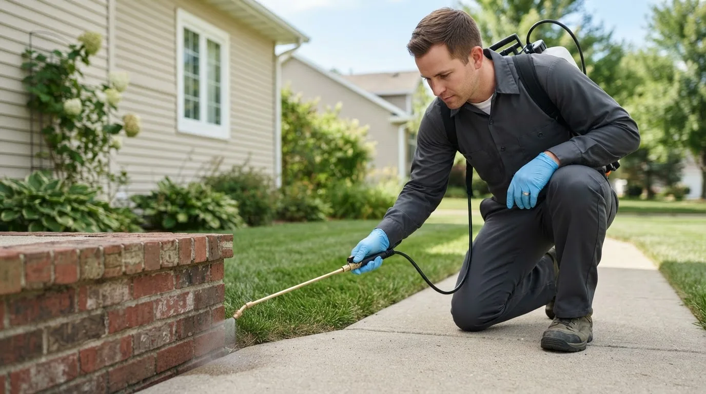 Pest control technician treating a home near Drexel, MO